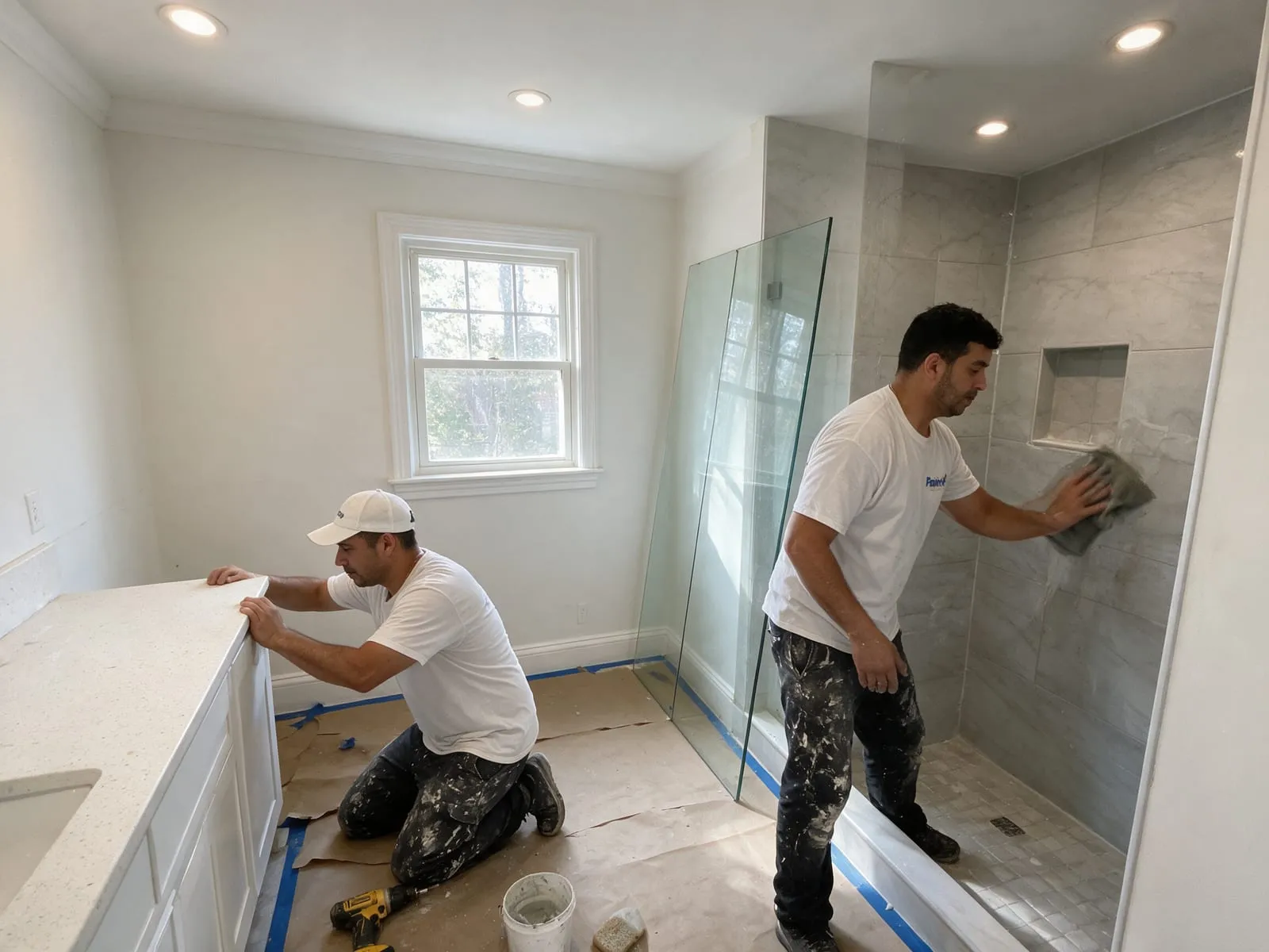 Bathroom remodel in progress, with a crew member fitting a white vanity and another cleaning grout on a gray tile shower